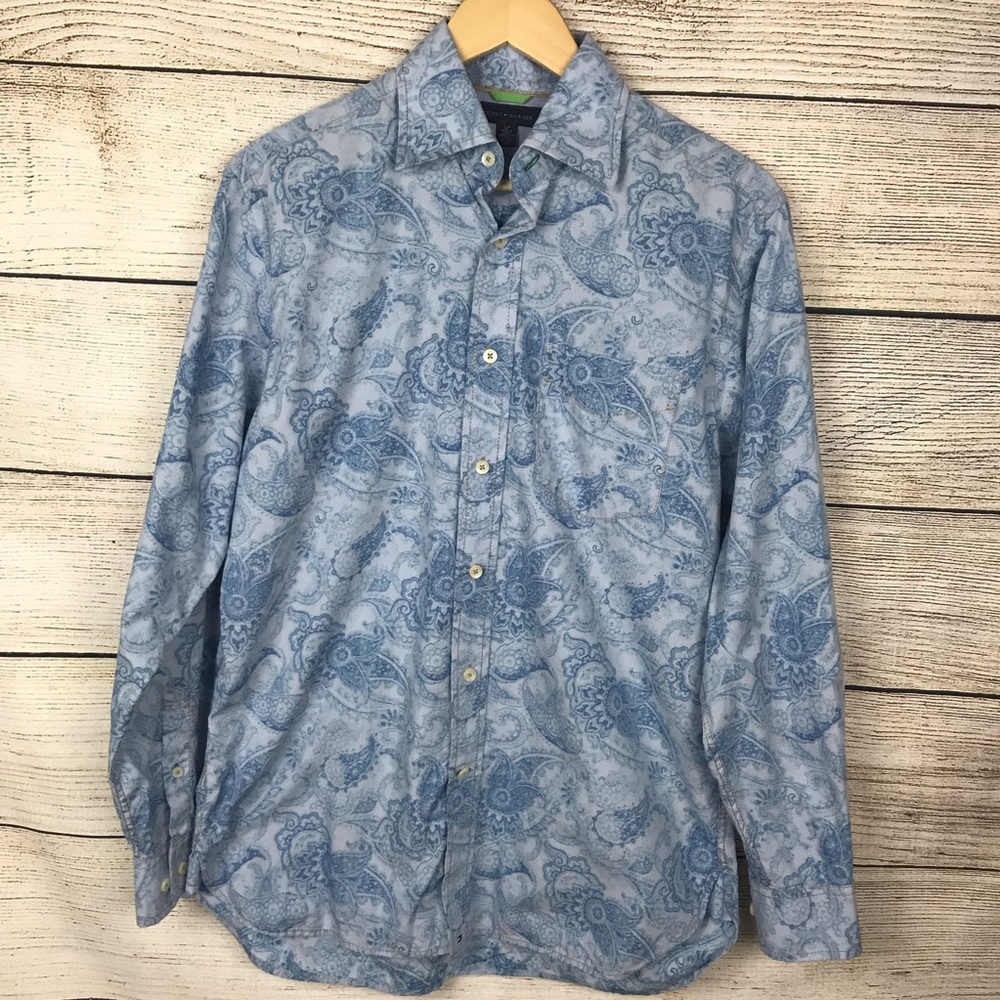 Tommy Hilfiger long sleeve blue paisley print collared button down casual shirt